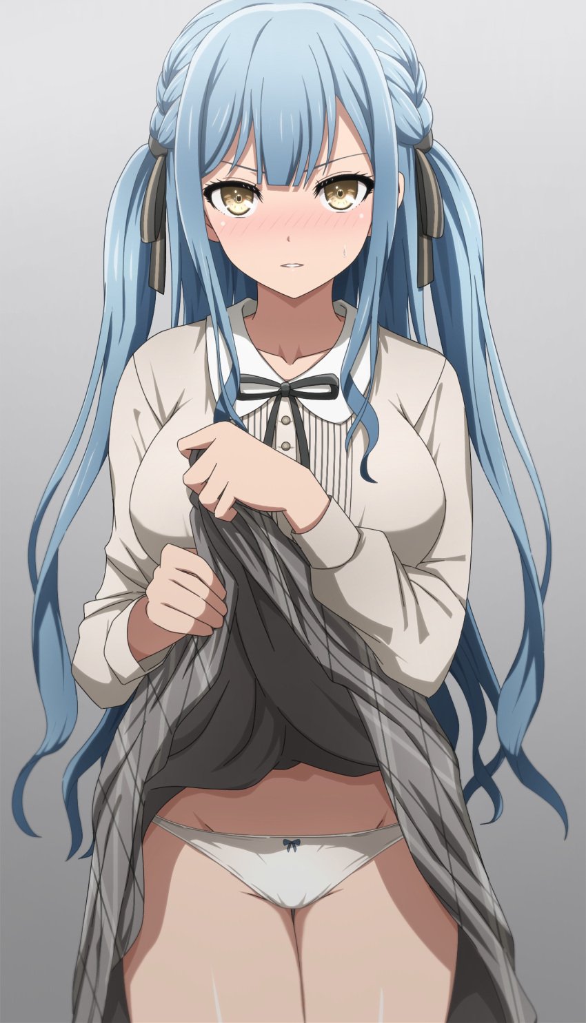 1girls bang_dream! bang_dream!_it's_mygo!!!!! black_ribbon blue_bow blue_hair blunt_bangs blush bow bow_panties braid breasts buttons clothes_lift collarbone commentary cowboy_shot female gradient_background grey_background grey_shirt grey_skirt groin hair_ribbon hands_up high-waist_skirt highres large_breasts lifting_own_clothes long_hair long_sleeves looking_at_viewer neck_ribbon nose_blush noshimurin panties parted_lips plaid_clothes plaid_skirt pleated_skirt ribbon shirt sidelocks skirt skirt_lift solo standing striped_ribbon sweatdrop thigh_gap togawa_sakiko twin_braids two_side_up underwear v-shaped_eyebrows very_long_hair wavy_hair white_panties yellow_eyes