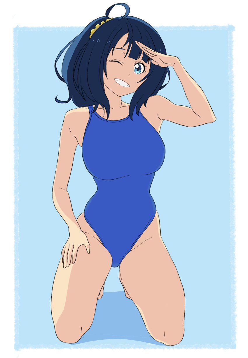 1girls alternate_hairstyle arm_up armpits barefoot big_breasts blue_eyes blue_hair breasts busty cleavage feet female female_only grin hand_on_leg hand_on_own_leg hand_on_own_thigh hand_on_thigh highres kneeling large_breasts legs looking_at_viewer make_heroine_ga_oo_sugiru! medium_hair one-piece_swimsuit one_eye_closed ponytail pose posing salute smile solo swimsuit teeth thighs voluptuous wink yanami_anna