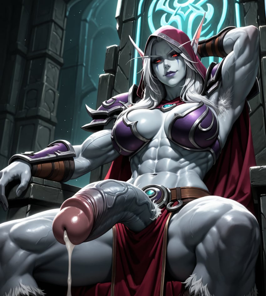 ai_generated armor armored_boots armpit_hair armpits blizzard_entertainment cum cum_drip eogard_orc futa_only futa_sans_pussy futanari grey_body grey_skin huge_cock hyper_muscles intersex loincloth looking_at_viewer muscular muscular_futa muscular_futanari one_arm_behind_head penis pointy_ears purple_lipstick red_eyes seductive_look seductive_smile self_upload sitting stable_diffusion sylvanas_windrunner throne veiny_muscles veiny_penis video_game_character viewed_from_below world_of_warcraft