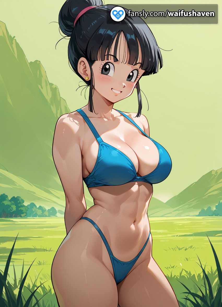 ai_generated ass bangs bikini black_eyes black_hair booty breasts bun chichi dragon_ball dragon_ball female female_only fringe gorgeous solo thong