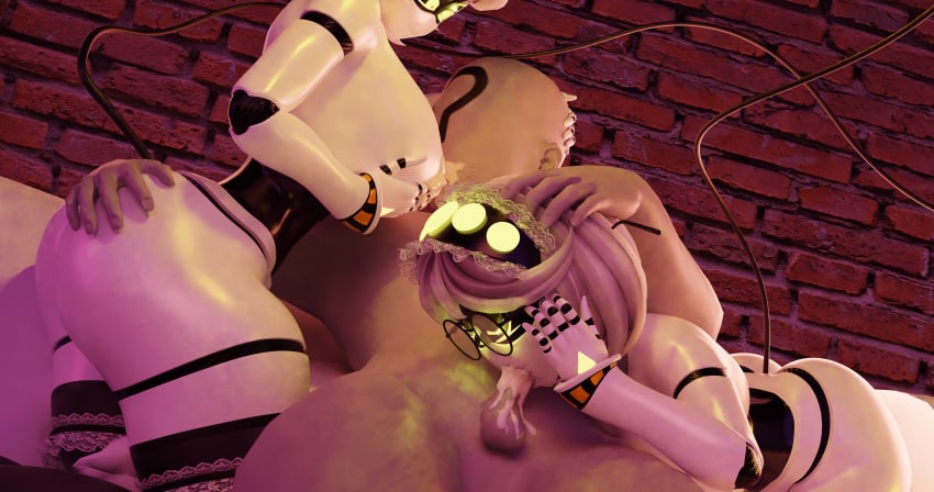 1boy 2girls 3d absurdres anon breastfeeding cum_in_mouth disassembly_drone fellatio hand_on_belly hand_on_head highres human maid male/female milk murder_drones non-web_source saliva serial_designation_v sex small_penis_adoration v_(murder_drones)