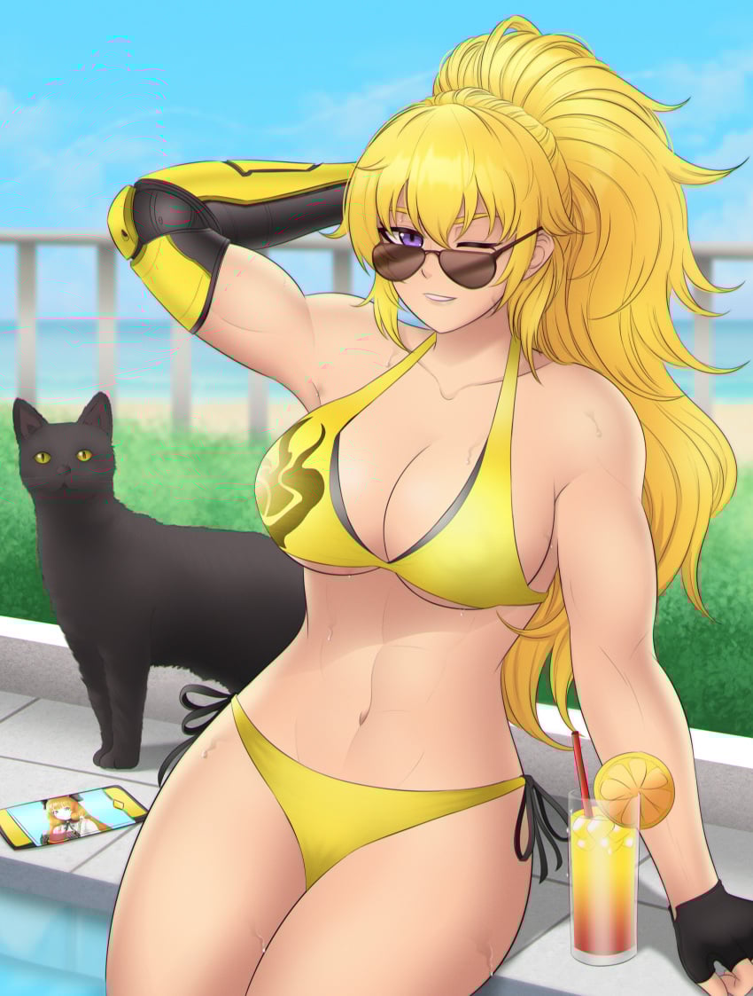 1girls alternate_hairstyle arm_behind_head armpits big_breasts blonde_hair breasts busty cellphone cleavage drink feline female female_only fingerless_gloves gloves half-closed_eye highres large_breasts legs long_hair looking_at_viewer navel one_eye_closed parted_lips phone pink_lips ponytail pool pose posing purple_eyes rwby seductive seductive_look seductive_smile sexy sexy_pose sideboob sitting smartphone smile teeth thighs toned voluptuous water wet wink yang_xiao_long