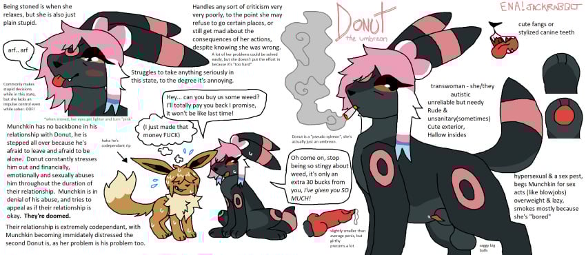 2025 ambiguous_gender animal_genitalia animal_penis balls barking black_body black_fur blep blush blush_stickers bodily_fluids brown_body brown_fur canine_genitalia canine_penis chest_tuft cigarette cigarette_smoke countershading dialogue digital_media_(artwork) dipstick_tail donut_(jackrabbit) dripping drug_usage drugs eevee eeveelution english_text eyelashes fakemon feral feral_only feral_with_hair fur futanari generation_1_pokemon generation_2_pokemon genital_fluids genitals gynomorph hair hi_res intersex jackrabbit_(artist) leaking_precum marijuana markings microsoft_paint_(artwork) model_sheet mouth_shot munchkin_(jackrabbit) nintendo open_mouth panicking pawpads paws penis pokemon pokemon_(species) precum precum_drip precum_string signature simplified_pawpads sitting smoke smoking smoking_cigarette solo standing substance_intoxication tail tail_markings tan_body tan_fur text tongue tongue_out trans_(lore) trans_woman_(lore) tuft umbreon unhealthy_relationship