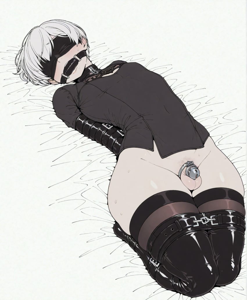 1boy ai_assisted arms_behind_back ball_gag bed_sheet black_blindfold black_footwear black_thighhighs blindfold blush bondage boots bottomless bound bound_arms bound_legs chastity_cage cleavage_cutout clothing_cutout femboy gag gagged lock lying male_focus nier nier:_automata nier_(series) on_back on_bed otoko_no_ko penis restrained saliva short_hair small_penis solo sondu submissive_male sweat testicles thigh_boots thighhighs white_hair yaoi yorha_9s yorha_no._2_type_b yorha_no._9_type_s