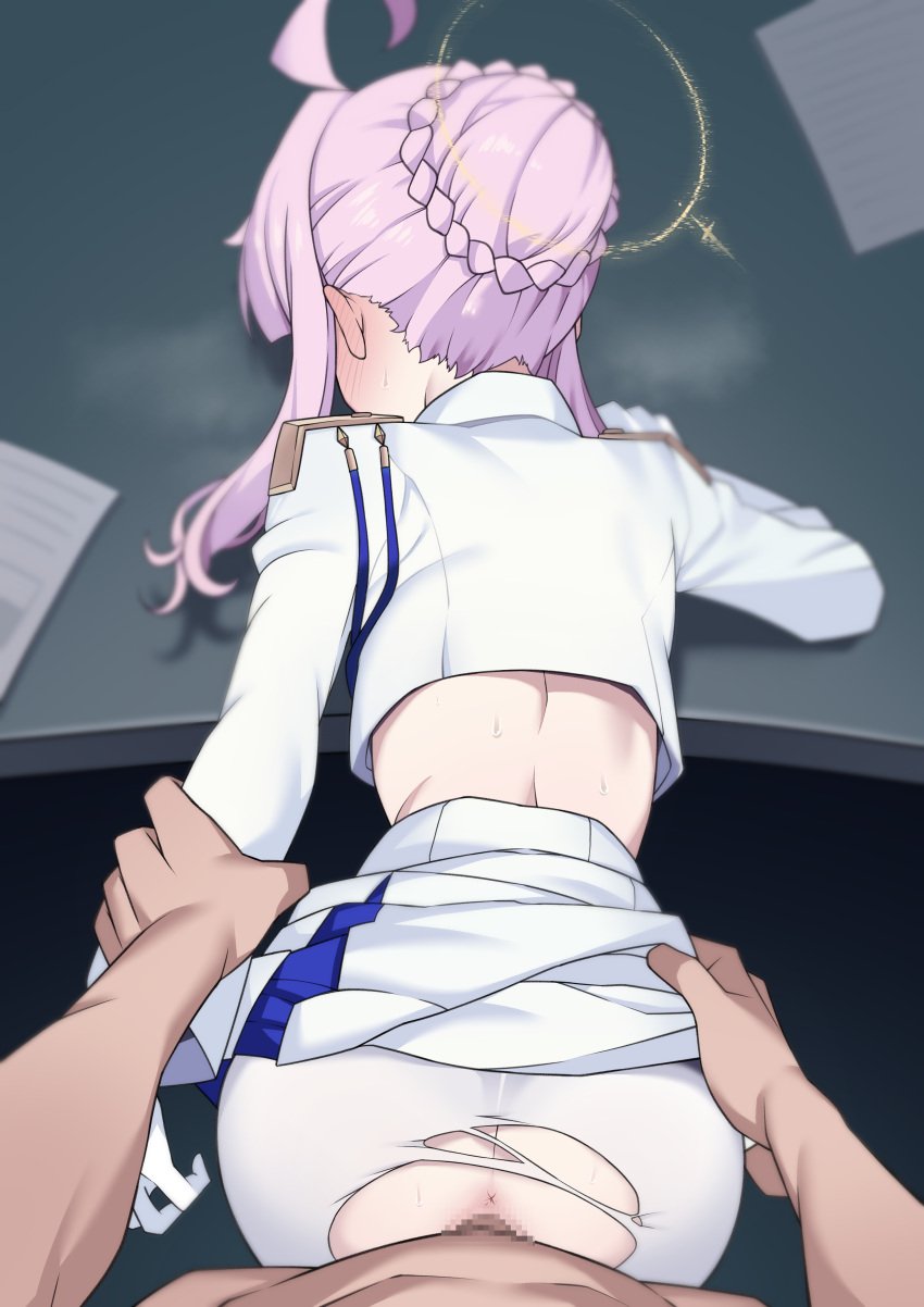 0haribo0 1boy absurdres ahoge anus ass blue_archive blush censored clothed_female_nude_male commentary_request cropped_jacket ear_blush female gloves halo highres holding_another's_arm jacket kaya_(blue_archive) median_furrow midriff mosaic_censoring nude open_mouth pantyhose paper penis pink_hair pov pov_crotch pov_hands sex sex_from_behind sidelocks skirt standing standing_sex straight sweat torn_clothes torn_pantyhose vaginal_penetration white_gloves white_jacket white_pantyhose white_skirt