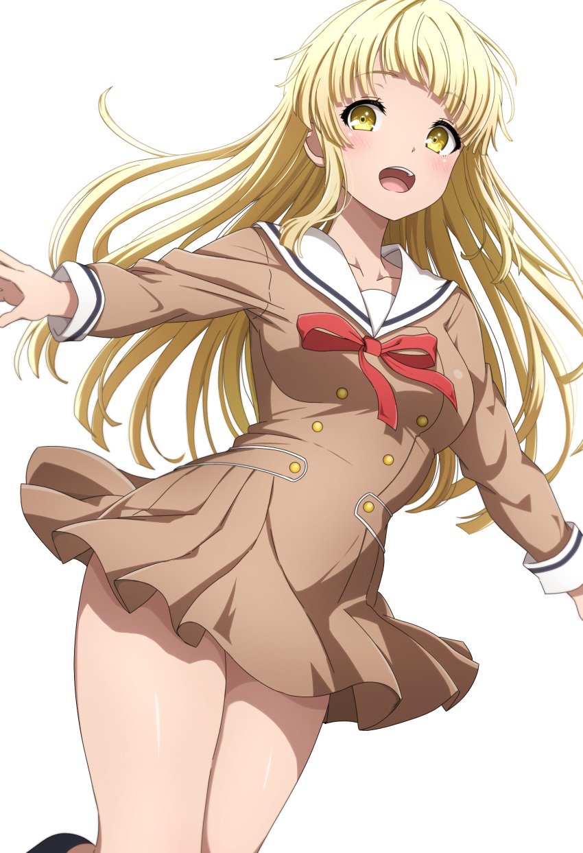 1girls :d absurdres bang_dream! black_shoes blonde_hair blunt_bangs blunt_ends blush breasts brown_dress buttons collarbone commentary cowboy_shot double-breasted dress floating_hair hanasakigawa_school_uniform hands_up highres leg_up long_hair long_sleeves looking_at_viewer medium_breasts neck_ribbon noshimurin open_mouth outstretched_arms pleated_dress red_ribbon ribbon sailor_collar school_uniform serafuku shoes sidelocks simple_background smile solo standing standing_on_one_leg teeth tsurumaki_kokoro upper_teeth_only white_background white_sailor_collar yellow_eyes