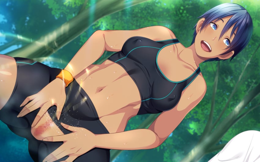 1boy 1girls abs ass_visible_through_thighs bike_shorts blue_eyes blue_hair breasts butcha-u censored covered_nipples crotchless_clothes crotchless_spats dark-skinned_female dark_skin day dutch_angle female game_cg happy kenzen!_hentai_seikatsu_no_susume looking_at_another maezono_chihiro medium_breasts mosaic_censoring navel open_mouth outdoors peeing pussy round_teeth short_hair smile solo_focus sports_bra spread_legs spread_pussy standing sweat sweatband tan teeth tomboy toned tree very_short_hair