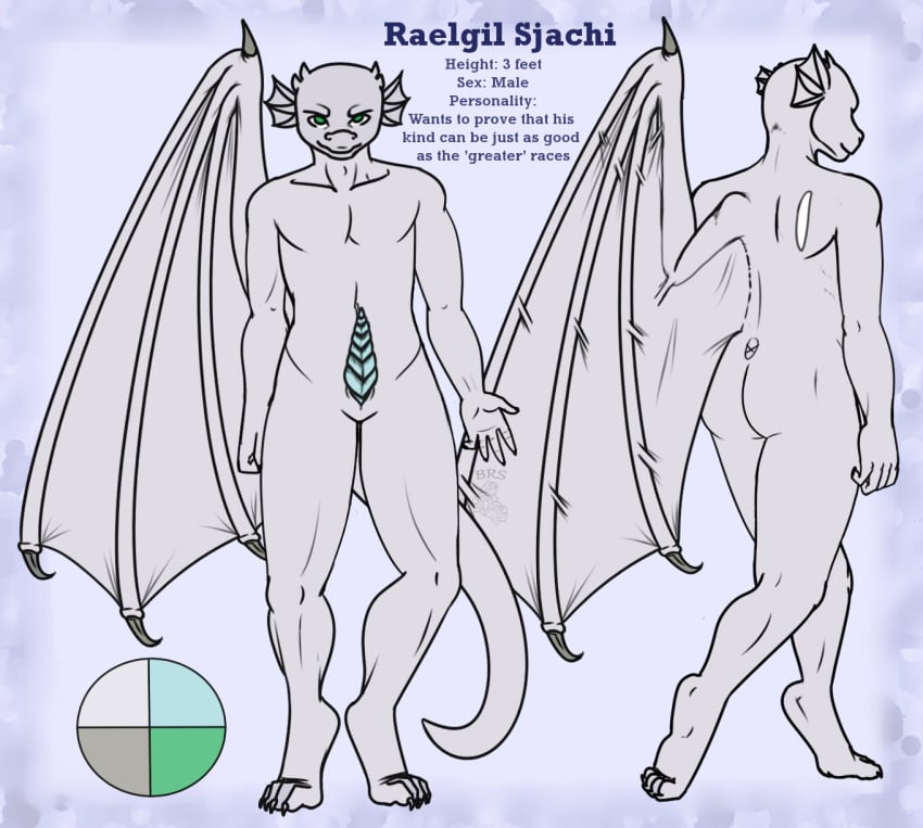 1boy ass blueroses claws dragon kobold male male_focus male_only model_sheet muscular penis presenting raelgil_sjachi scalie slit solo solo_focus text warrior wings