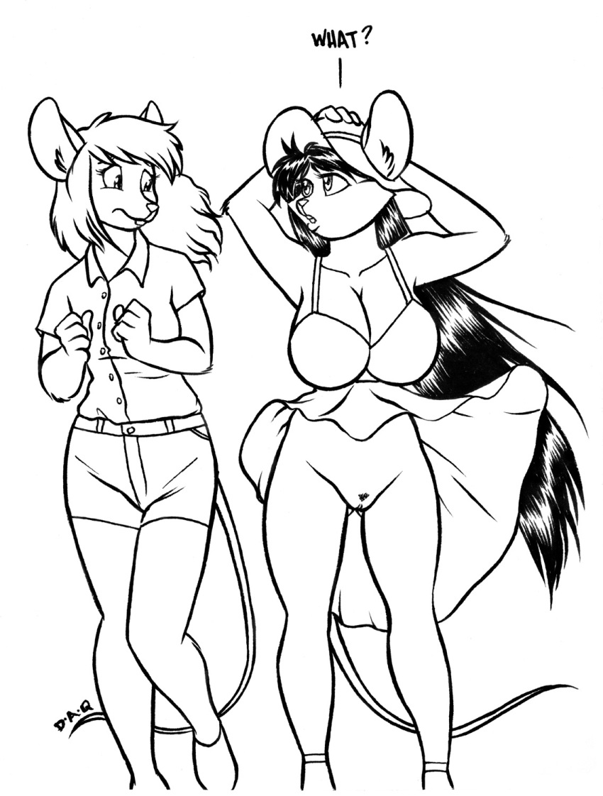 2017 anthro big_breasts breasts buckteeth cleavage clitoral_hood clothed clothing david_a_cantero dialogue dress faith_(daq) hair hat hi_res inner_ear_fluff long_hair looking_down mammal mary_(sailoranna) monochrome mouse pussy rodent shirt shorts standing teeth