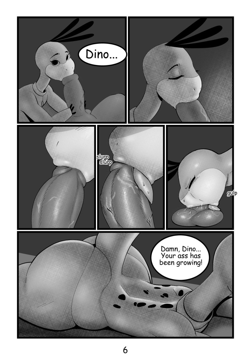 anthro ass ass_cleavage balls bedroom_eyes big_butt butt_crack closed_eyes clothing collar comic deepthroat dino dino_(flintstones) dinosaur english_text erection fellatio femboy fred_flintstone greyscale half-closed_eyes hanna-barbera huge_butt human humanoid_penis interspecies male mammal monochrome oral penis seductive sex sqoon text the_flintstones thick_thighs thong wide_hips yaoi