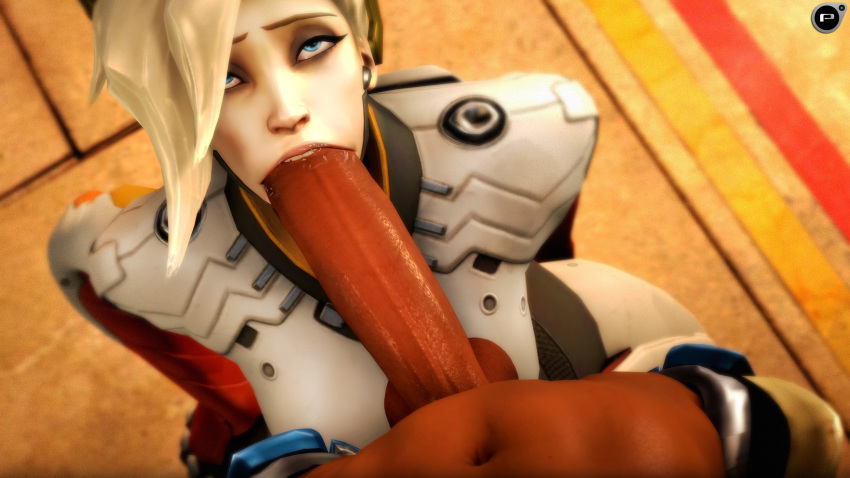 3d absurdres big_penis dark-skinned_futanari dark_skin dickgirl erection fellatio female futa_on_female futa_pov futanari highres intersex mercy oral overwatch penging-arts penis pharah pov source_filmmaker