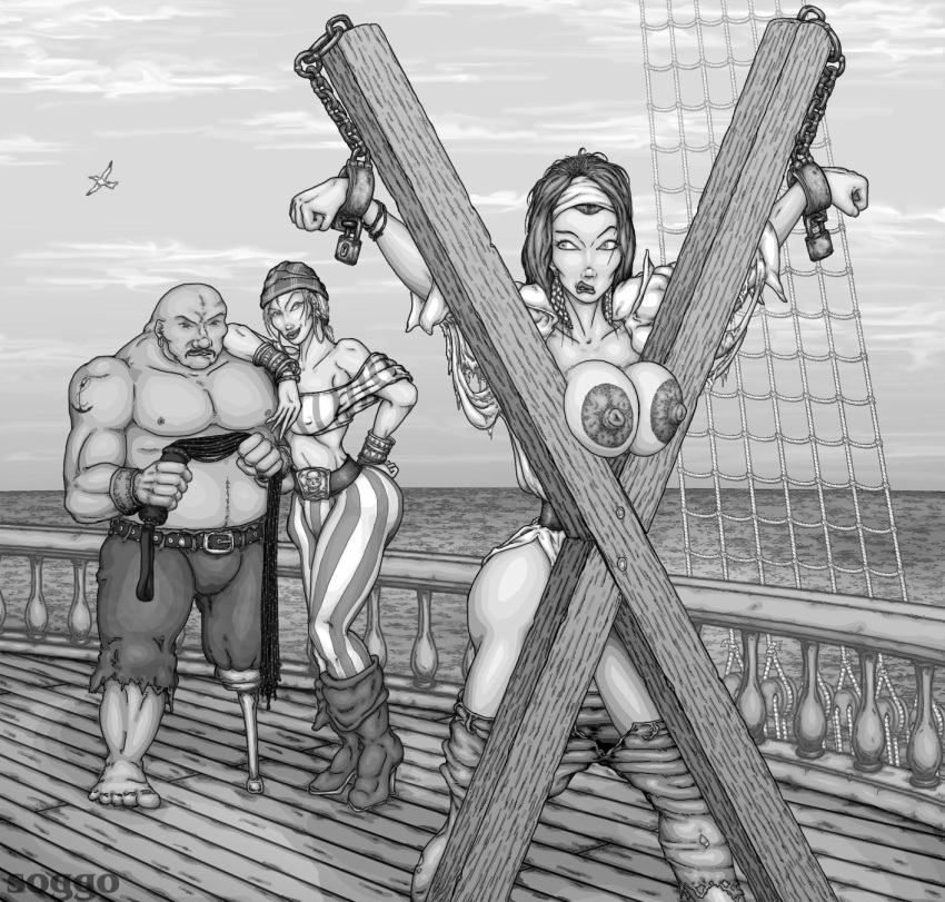 1boy 2girls bondage bottomless bound_ankles bound_wrists breasts breasts_out chains cuffs female femsub flogger large_areolae large_breasts male monochrome multiple_girls nipples outdoors padlock pants_down peg_leg pirate pirate_ship saint_andrew's_cross soggo spread_arms spread_eagle spread_legs standing whip wrist_cuffs