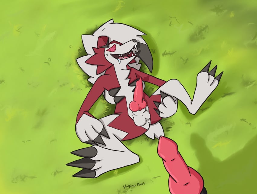 2boys animal_genitalia black_fur canine claws drooling erection fangs fur furry grass knot lycanroc male male_only mammal midnight_lycanroc nintendo penis pokemon pokemon_sm red_fur saliva spread_legs spreading testicles video_games vulpinemutt white_fur wolf