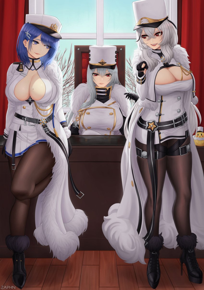 3girls azur_lane big_breasts black_thighhighs blue_hair cape chapayev_(azur_lane) clevage female female_focus female_only fully_clothed gangut_(azur_lane) hat huge_breasts long_hair office office_chair office_lady pantyhose short_hair sovetskaya_rossiya_(azur_lane) tagme white_hair zaphn