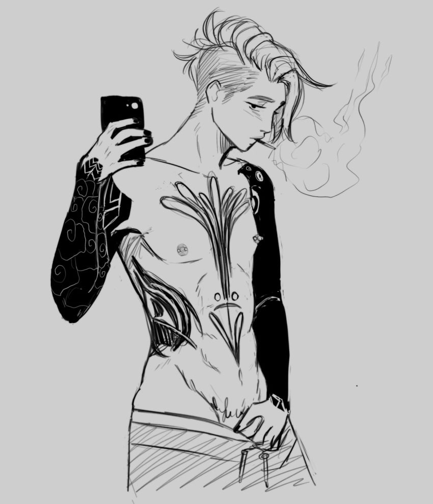 1boy abs armpits cellphone cigarette fengh0u ghoulteef hannibal_damage hips male male_only monochrome nipple_piercing nipples pants_down phone pinup punk real_person selfie smoking solo_male tagme tagme_(character) tattoo tattoos topless trans_man undercut