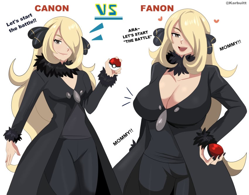 ara_ara blonde_hair busty canon_vs_fanon cynthia_(pokemon) difference different_breast_sizes different_poses hair_ornament hair_over_one_eye karbuitt large_breasts long_hair pokemon_dppt very_long_hair