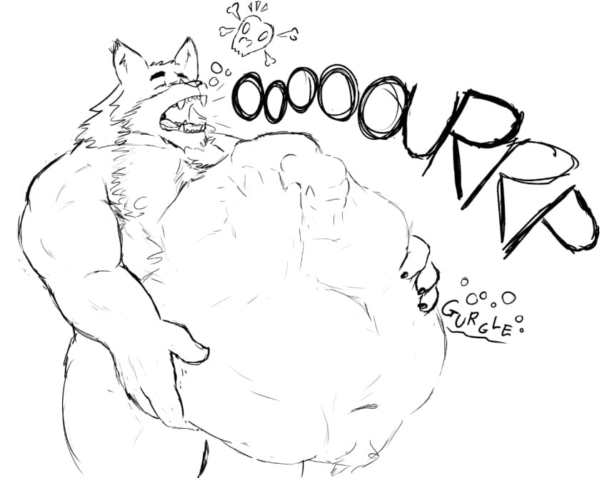 adrian_dough bear bearnard_adams bloated body_hair body_outline burping canid canine canis duo fangs holding_stomach male male/male mammal muscular muscular_arms muscular_male onomatopoeia rumbling_stomach same_size_vore skull_symbol sound_effects teeth text vore wolf