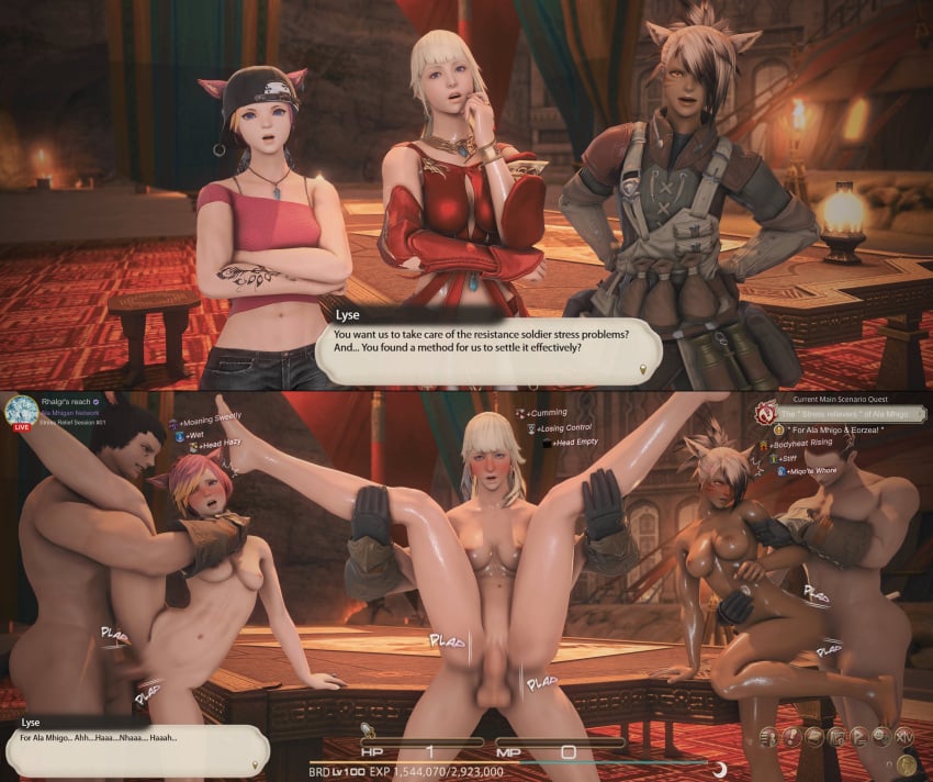 2koma 3boys 3d 3girls against_table before_and_after bent_over carnalhousexiv carrying_partner debuff english english_text female final_fantasy_xiv from_behind gameplay_mechanics gpose(ffxiv) group_sex hud instant_loss instant_loss_2koma lyse_hext m'naago male/female miqo'te moaning naked nude sex side_fuck status_effect stress_relief tagme tan_body used_as_an_object