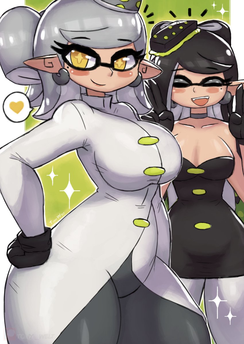 2girls artist_name big_breasts black_gloves blush breasts callie_(alterna) callie_(splatoon) choker cleavage closed_eyes double_v double_v_sign earrings female_only gloves heart inkling inkling_girl looking_at_viewer marie_(alterna) marie_(splatoon) nintendo open_mouth pointy_ears splatoon splatoon_3 splatoon_3:_return_of_the_mammalians squid_sisters squid_sisters_(splatoon) tony_welt v v_sign