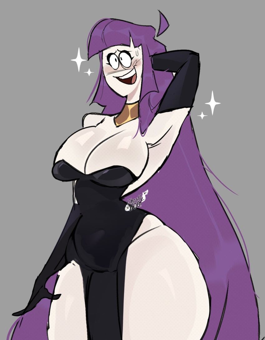 armpits arms_behind_back blush breast_focus breasts clothing dress embarrassed lila_(spooky_month) milf purple_hair sparkles spooky_month stomach thick_thighs watermark