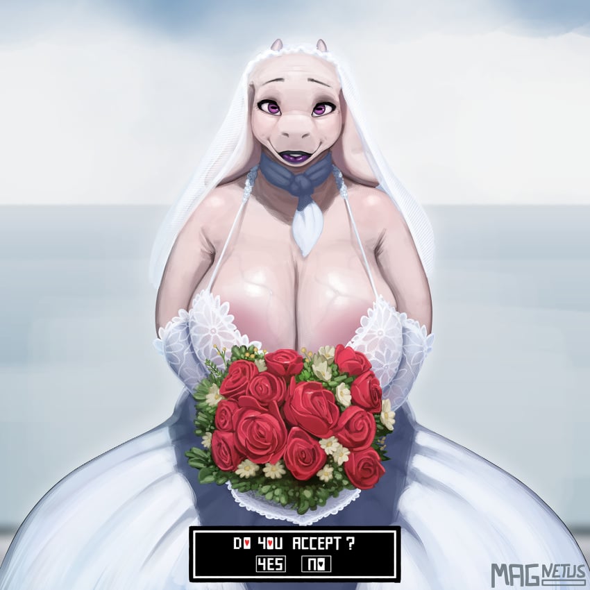 1girls anthro cleavage female female_only fur furry gigantic_breasts huge_breasts magnetus revealing_clothes toriel undertale wedding_dress