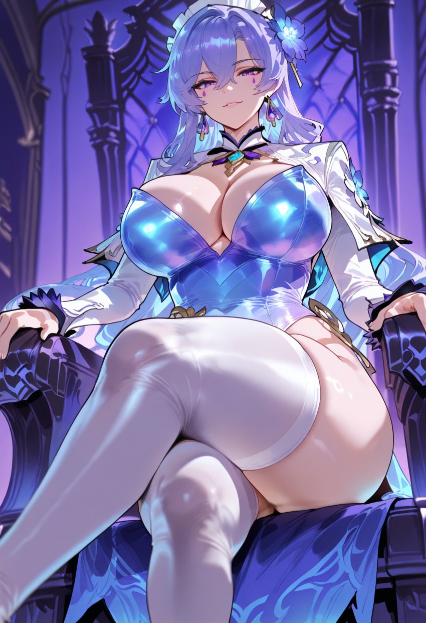 ai_generated cantarella_(wuthering_waves) crossed_legs from_below high_quality high_resolution huge_breasts leotard purple_eyes purple_hair smirk thick_thighs wuthering_waves