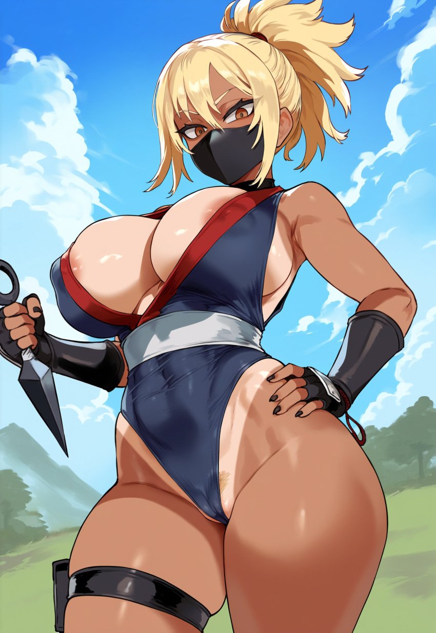 ai_generated big_breasts blonde_hair brown_eyes cameltoe covered_nipples facemask female female_focus fingerless_gloves gloves holding_weapon huge_breasts jagat_ai kimono kunai kunoichi large_breasts ninja nipple_bulge original original_character outdoors ponytail pubic_hair pubic_hair_peek shinobi sleeveless_kimono solo solo_female standing tan tanline tanlines tanned tanned_female tanned_skin