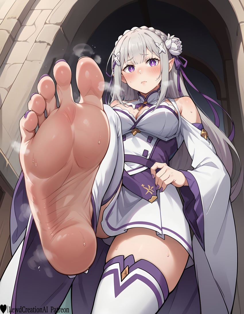 1girls absurd_res ai_generated barefoot big_breasts blush blush blush_lines breasts curvy curvy_figure elf elf_ears elf_female elf_girl embarrassed emilia_(re:zero) female female flower_in_hair foot_fetish foot_focus foot_worship from_below hair_between_eyes hair_ornament high_resolution highres indoors large_breasts lewdcreationsai light-skinned_female light_skin painted_toenails purple_eyes re:zero_kara_hajimeru_isekai_seikatsu sexually_suggestive shy silver_hair soles solo solo_female solo_focus stable_diffusion steam steaming_body steamy_breath stomp stomping sweat sweatdrop sweating sweaty tagme thick thick_legs thick_thighs thighhighs thighs toenail_polish toes white_hair