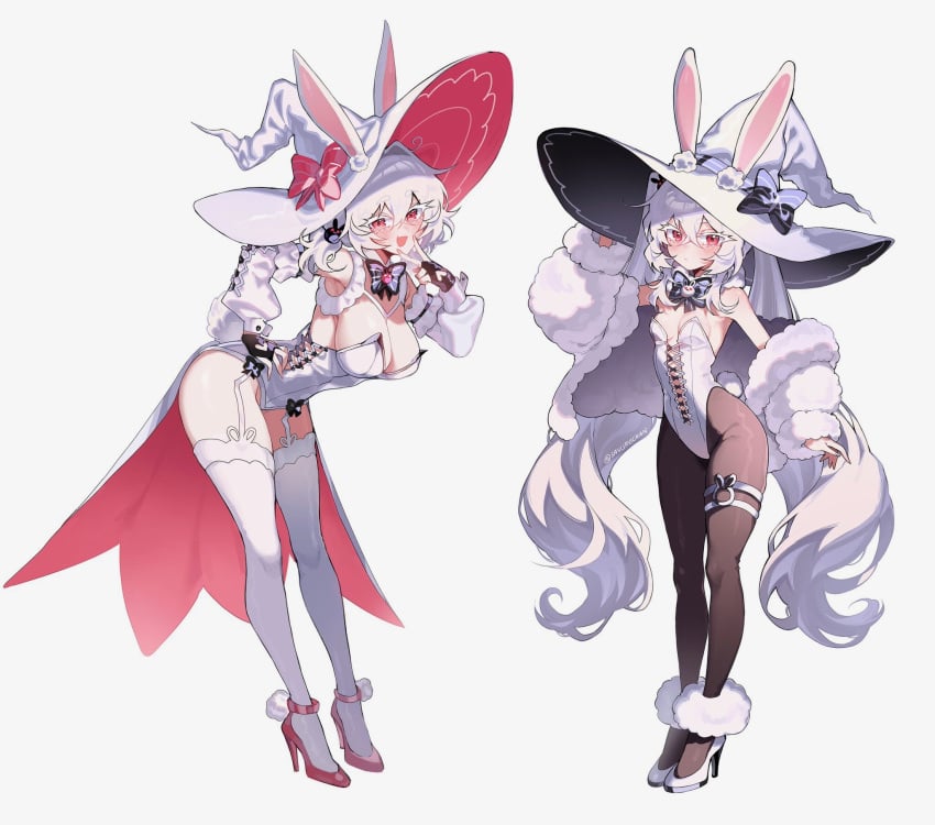 2girls big_breasts bunny_ears bunny_girl hat huge_breasts huge_thighs oc original_character red_eyes ribbon small_breasts smile suit thighs twintails white_hair