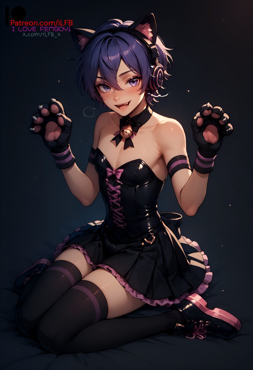 1boy ai_generated blue_eyes blue_hair boots cat_ears cat_paw cat_paws choker femboy flat_chest ilfb looking_at_viewer open_mouth otoko_no_ko pantyhose short_hair simple_background skirt tongue trap yaoi