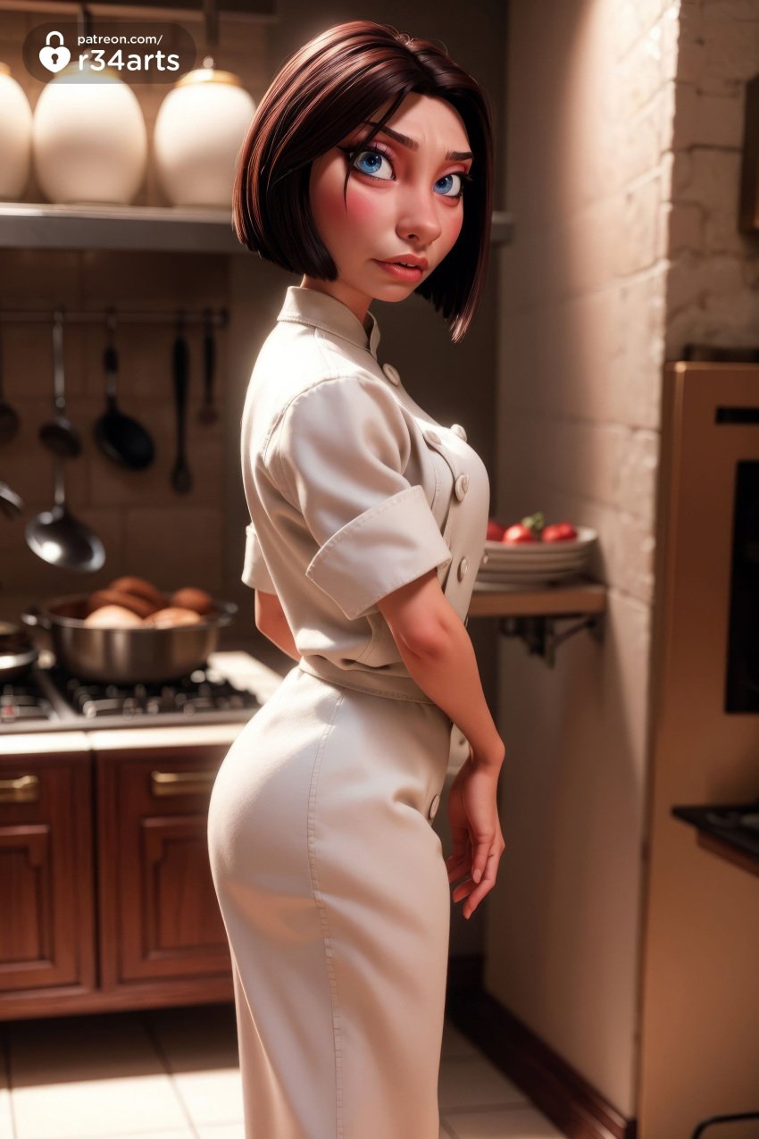 1girls ai_generated ass blue_eyes blush bob_cut breasts brown_hair chef colette_tatou disney dress food from_side fruit frying_pan hi_res indoors kitchen lips looking_at_viewer nose nurse pixar r34arts ratatouille short_hair short_sleeves solo stove white_dress