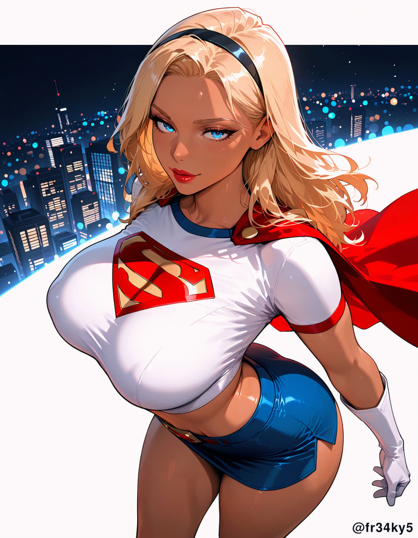 ai_generated blonde_hair cape dc_comics fr34ky huge_breasts skirt supergirl superheroine