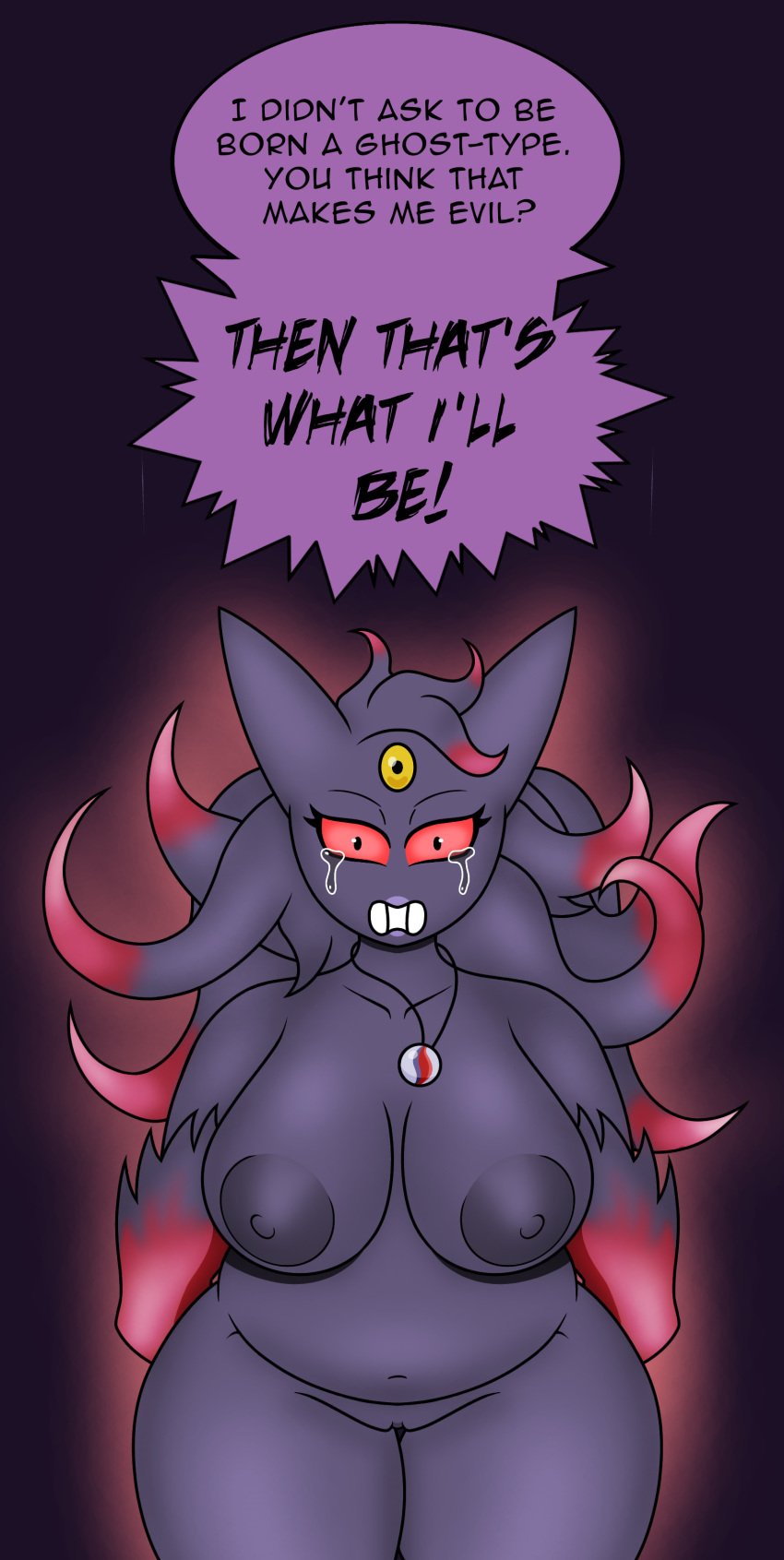 absurd_res angry anthro big_breasts bloodred739 bodily_fluids breasts english_text female generation_1_pokemon gengar hades hi_res humanoid mega_evolution nintendo pokemon pokemon_(species) slightly_chubby slightly_chubby_female solo tears text