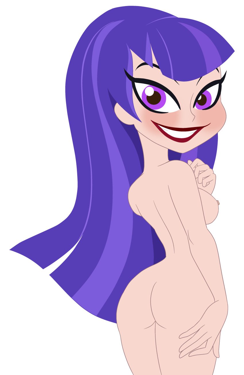 1girls ass bbmbbf breast cartoon_network cndhpr dc dc_super_hero_girls edit female grin light-skinned_female light_skin lipstick long_hair looking_at_viewer looking_back makeup nipple nude palcomix purple_eyes purple_hair red_lipstick sideboob solo superheroine third-party_edit transparent_background zatanna zee_zatara