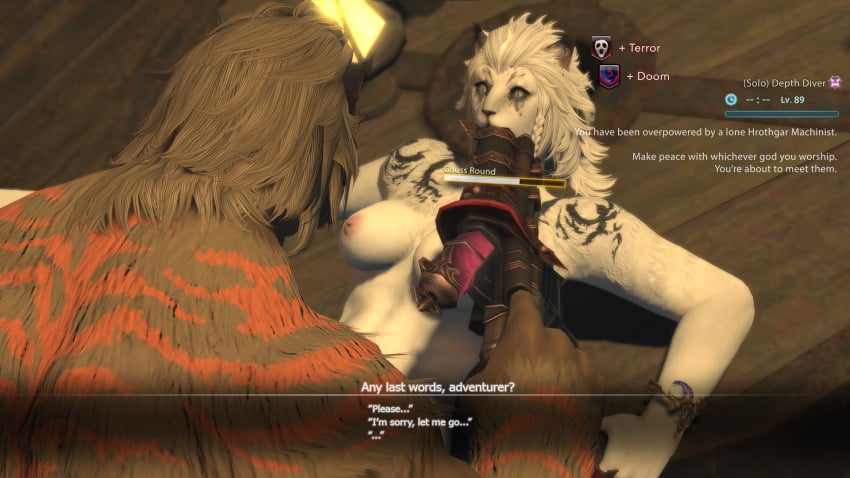 bad_end dialogue fear final_fantasy_xiv furry gameplay_mechanics gpose(ffxiv) gun gun_in_mouth hrothgar imminent_death impending_doom rape status_effect triata_art white_fur