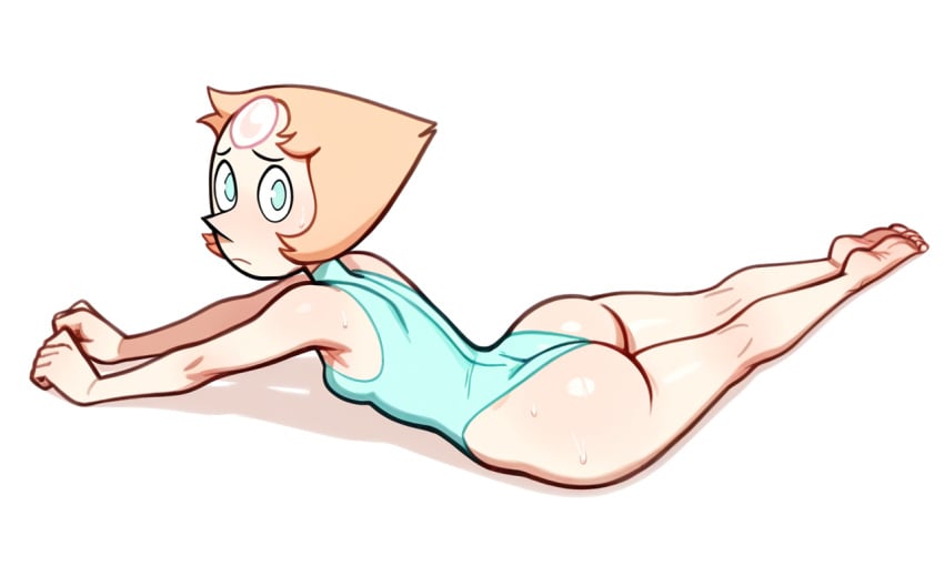 1girls ai_generated ass bare_legs big_ass big_butt blonde_hair blue_eyes bubble_butt cartoon_network feet gem_(species) leotard looking_at_viewer pale-skinned_female pale_skin pearl_(steven_universe) shiny_skin shy simple_background small_breasts solo steven_universe stretching sweat sweatdrop sweating sweaty tosca