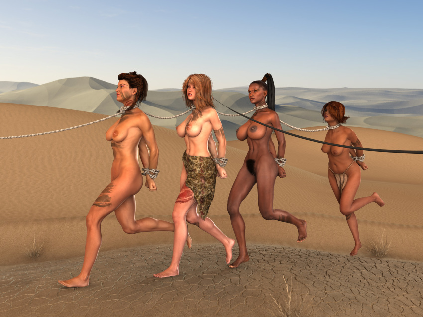 3d 4girls areolae arms_behind_back ass barefoot bondage breasts captured caravan coffle crabbyoldman curvy dark-skinned_female dark_skin desert erect_nipples female female_only femsub huge_breasts large_areolae large_ass large_breasts loincloth multiple_girls multiple_subs nipples nude realistic rope running skirt slave slavegirl topless whip wide_hips