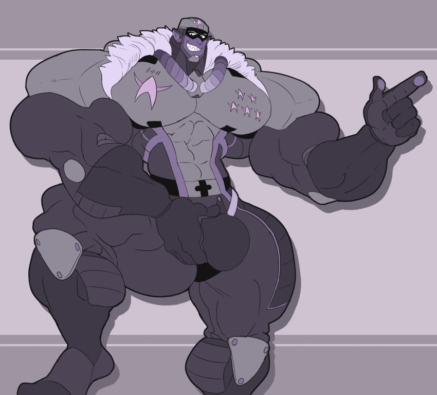 1boy abs armor armored_male biceps big_muscles bulge bulge_through_clothing calves commission finger_gun flaccid fully_clothed grabbing_bulge helmet huge_biceps huge_muscles huge_pecs hyper hyper_biceps hyper_bulge hyper_male hyper_muscles hyper_pecs hyper_thighs large_muscles low lowres male male_only muscular muscular_male oc oc_character pecs penis purple_skin remert res smirk solo solo_male thighs wide_shoulders