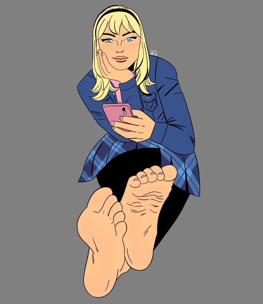 barefoot blonde_hair blue_eyes deliriousarts denim_jacket feet feet_towards_viewer foot_fetish gwen_stacy gwen_stacy_(classic) gwen_stacy_(your_friendly_neighborhood_spider-man) hairband leggings marvel marvel_comics nail_polish plaid_skirt spider-man_(series) your_friendly_neighborhood_spider-man_(2025)