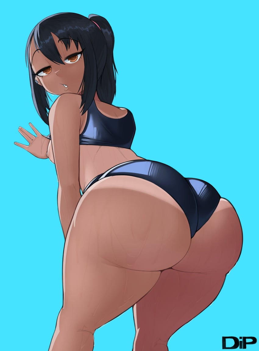 1girls 2d_(artwork) art_trade ass_focus back_view big_ass big_butt dark-skinned_female dark_hair dipx fat_ass female_focus female_only looking_at_viewer nagatoro_hayase tan_skin twitter_link