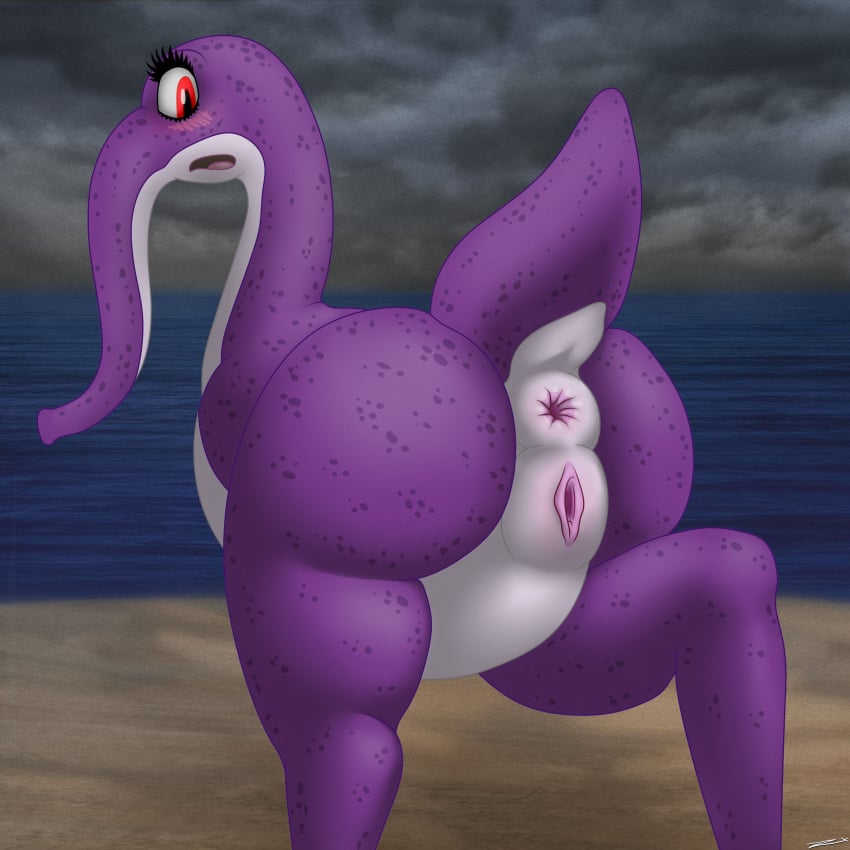 1:1 absurd_res anus beach blush digitigrade female feral genitals hi_res lyluk purple_body pussy red_eyes short_tail solo tail trunk zevex