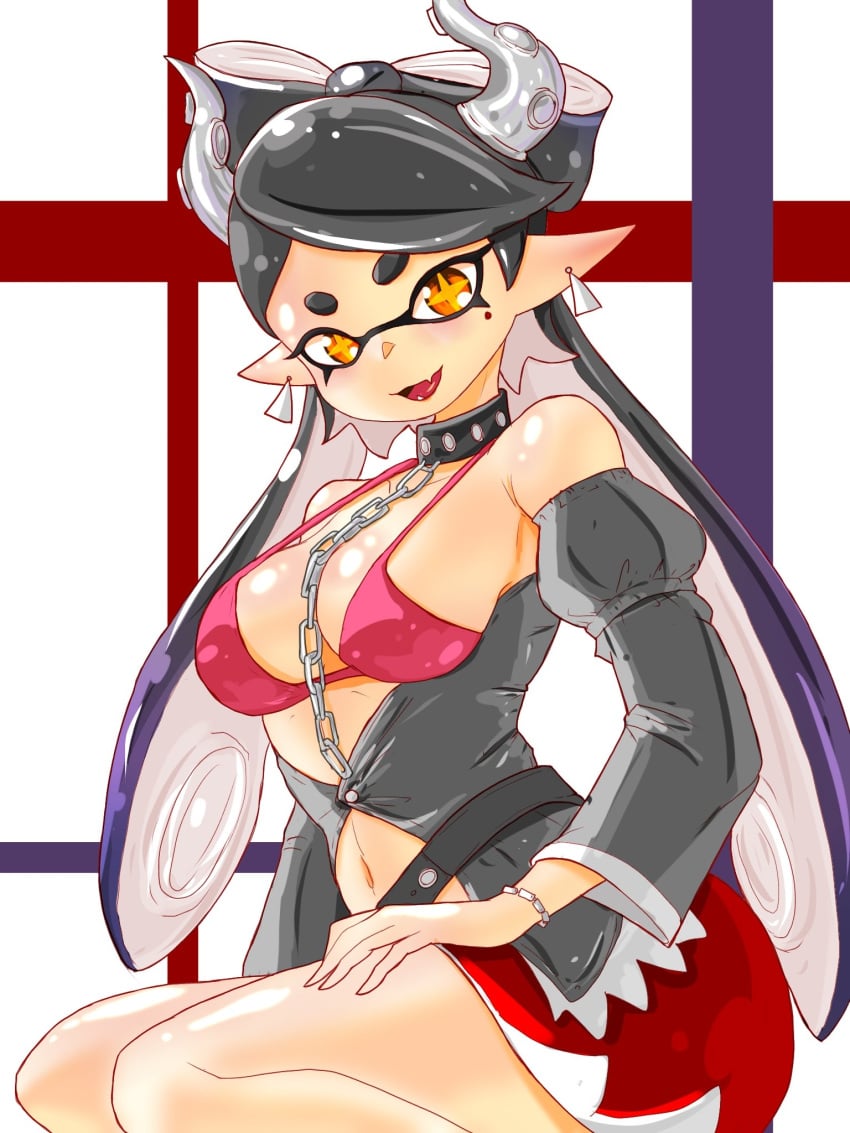 +_+ 1girls bikini bikini_top_only breasts callie_(splatoon) earrings fangs horns inkling inkling_girl jacket jewelry large_breasts long_sleeves looking_at_viewer nintendo open_clothes open_jacket pointy_ears skirt splatoon splatoon_(series) t2ukmyjm tentacle_hair twintails yellow_eyes