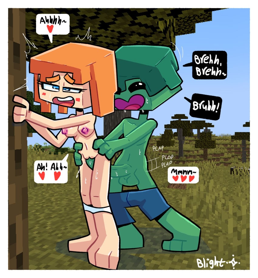 1boy 1girls against_tree alex_(minecraft) blightstar blush breasts female green_eyes green_hair green_skin half-closed_eyes large_penis male medium_breasts minecraft minecraft_background moaning orange_hair penetration penis penis_in_pussy screenshot square_head standing straight sweat tagme topless undead vaginal_penetration wet_pussy zombie zombie_(minecraft)