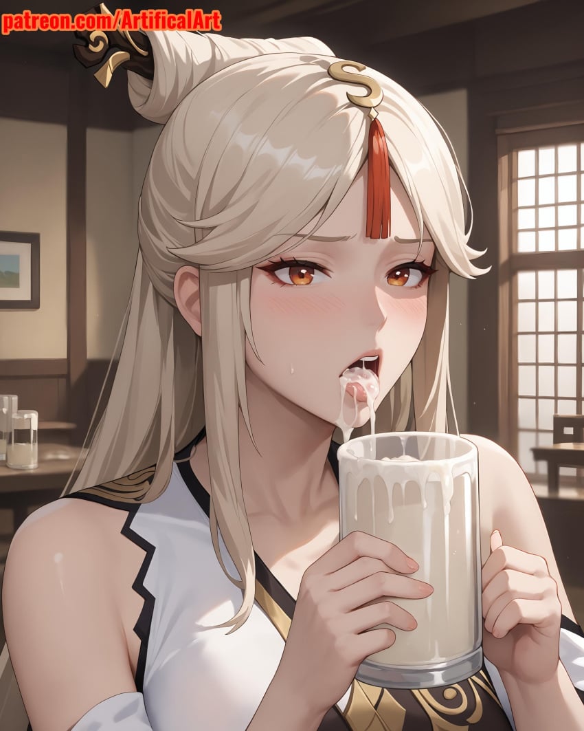 1girls ai_generated artifical_art big_breasts blush dripping dripping_cum dripping_semen female genshin_impact hair_ornament hairpin long_hair mature_female ningguang_(genshin_impact) open_mouth perfect_body red_eyes semen_in_mouth semen_on_tongue tongue_out white_hair