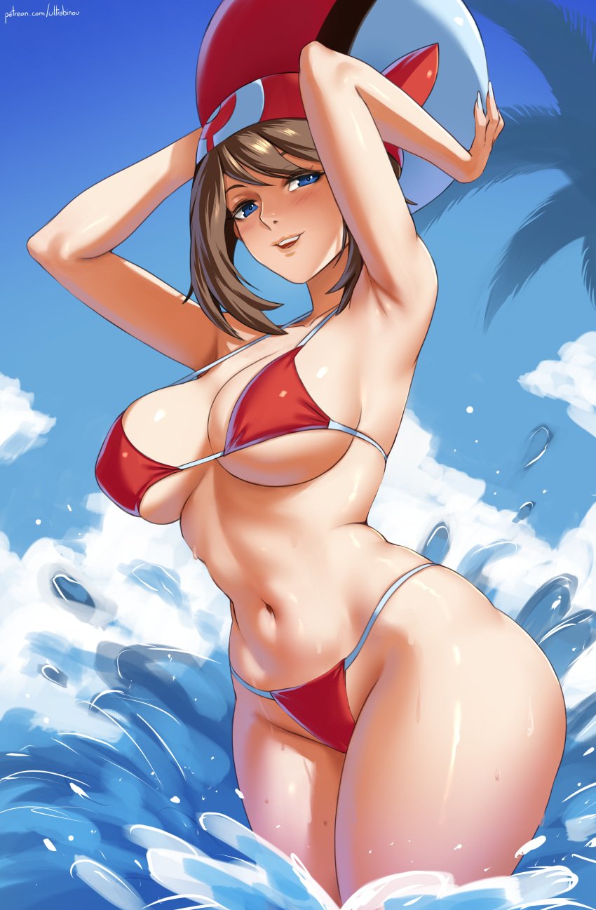 1girls beach_ball big_breasts bikini bikini_bottom bikini_top blue_eyes bottomwear breasts brown_hair cleavage female female_only game_freak hair headband headwear hips may_(pokemon) pokemon pokemon_rse red_bikini solo solo_female swimwear thighs topwear ultrabinou water wide_hips