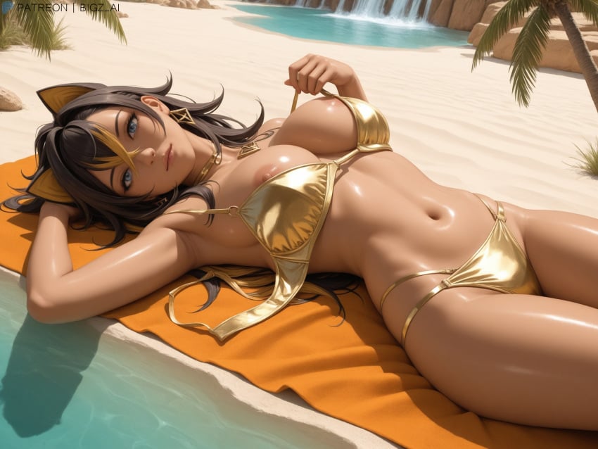 ai_generated animal_ears artist_name ass beach belly big_breasts bigz_ai black_hair blue_eyes bra breasts cat_ears closed_mouth dehya_(genshin_impact) dessert female genshin_impact hair_between_eyes hi_res highres hoyoverse jewelry laying_down lips long_hair looking_at_viewer mihoyo multicolored_hair nipples oasis outdoors palm_tree panties patreon_username sunbathing sweat teasing thighs tree undressing water waterfall wet wet_skin