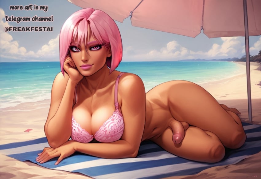 ai_generated balls beach bra breasts cock colored_eyelashes dick dickgirl freakfestai futa_only futanari looking_at_viewer on_side penis pink_eyes pink_hair sea seaside seductive seductive_look seductive_pose seductive_smile solo tan_body tan_skin umbrella