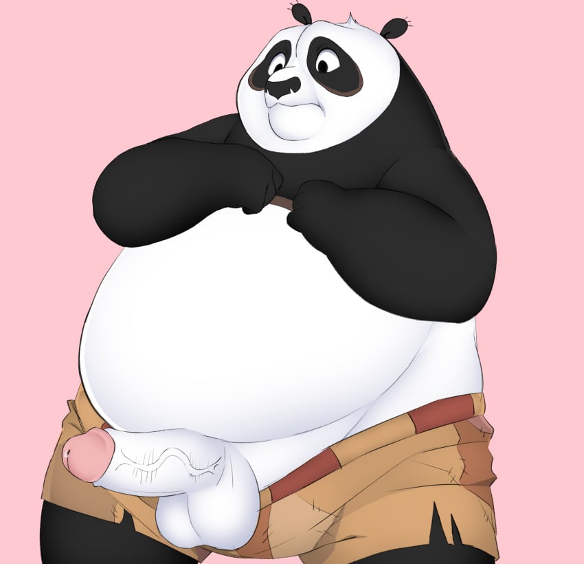 anthro balls bear belly bodily_fluids bottomwear bottomwear_down clothed clothing dreamworks dreamworks_animation erection genital_fluids genitals giant_panda hi_res hypnokoo kung_fu_panda kung_fu_panda_(movie) male mammal master_po_ping overweight overweight_male pants pants_down paramount_pictures partially_clothed penis precum solo