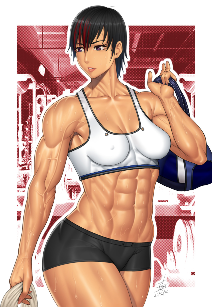 abs black_hair breasts ero-chong female female_only gym gym_outfit muscles muscular_female navel shorts solo sweat towel veins