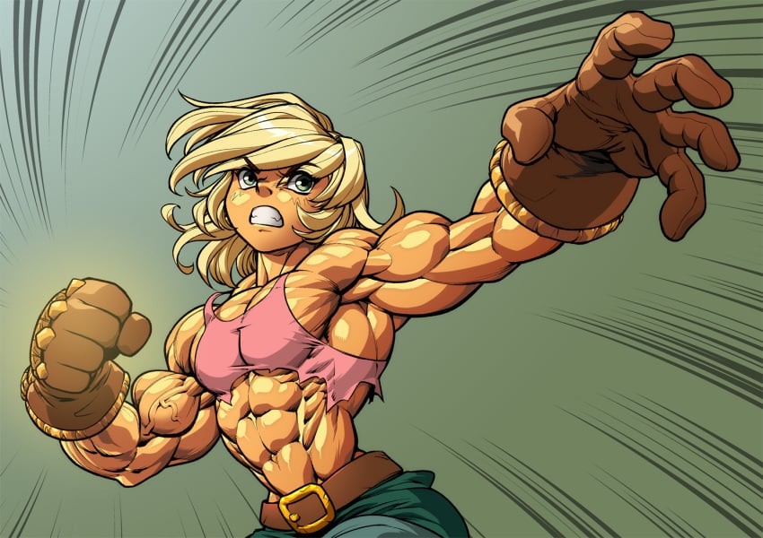 abs angry battle_chasers belt biceps blonde_hair extreme_muscles female gloves green_eyes gully_(battle_chasers) muscles muscular_female pecs pokkuti solo teeth veins